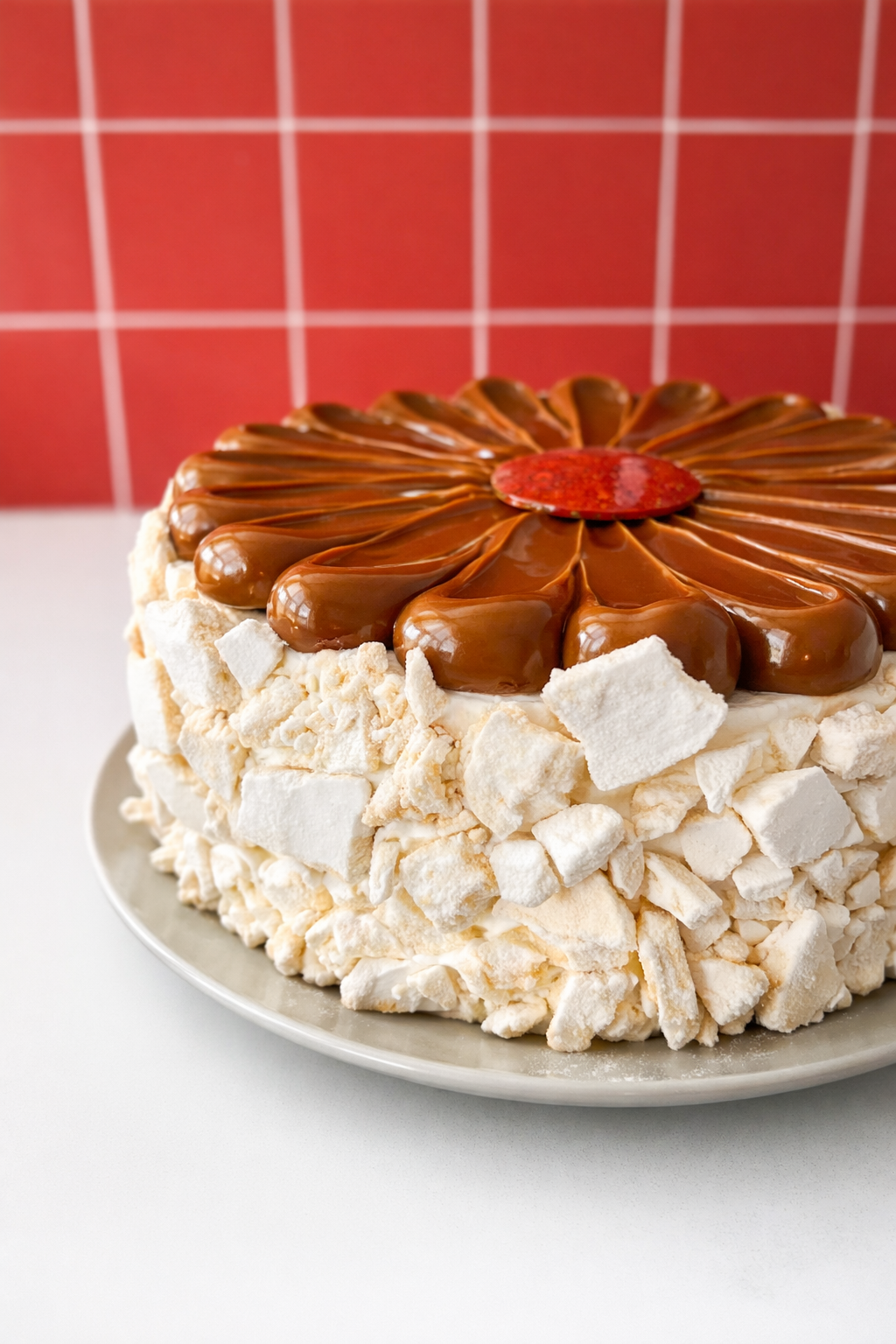 Gluten free artisanal ice cream pavlova cake with crunchy meringue, dulce de leche and strawberry, 11-inch cake made to order for pickup