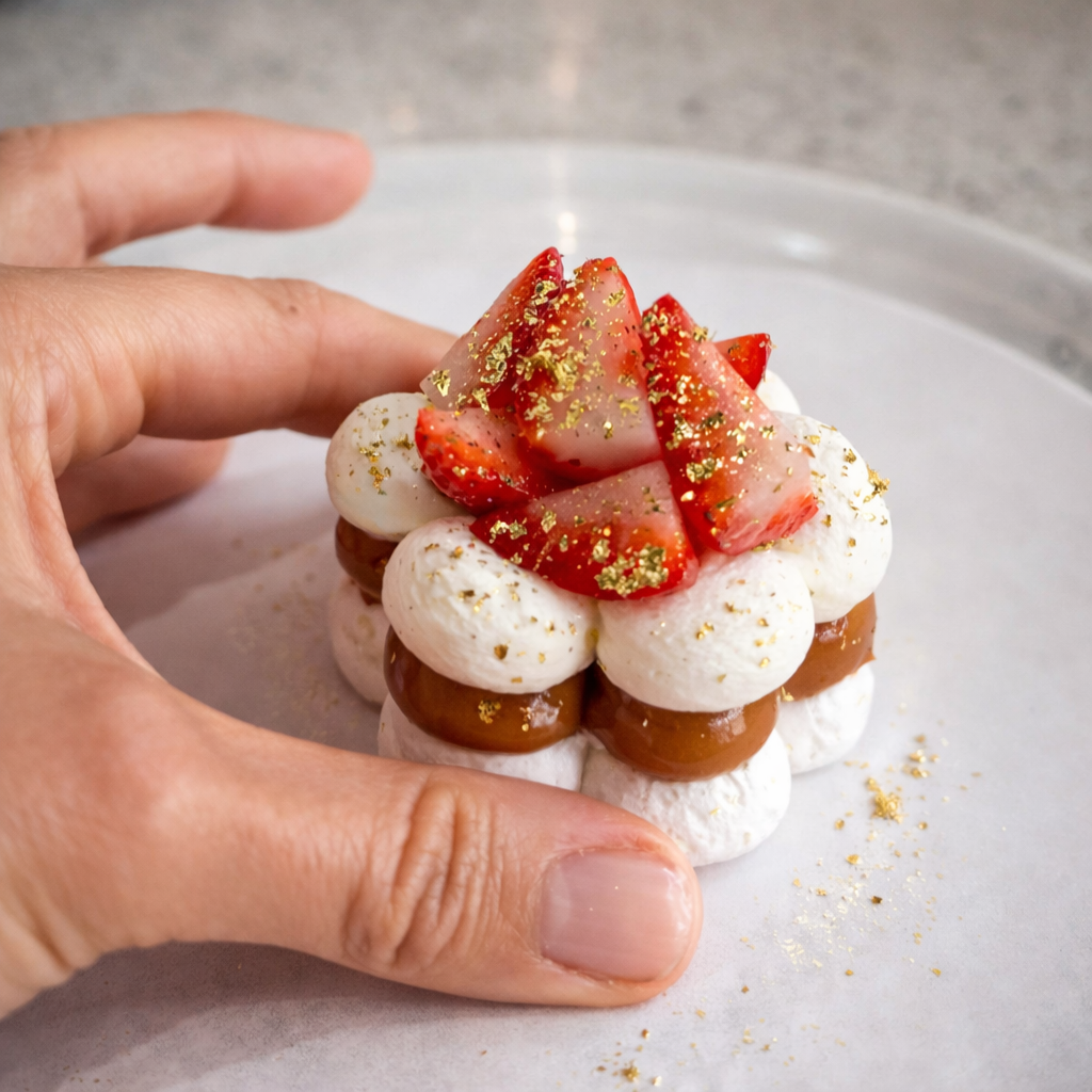 A box of 48 bite size Golden Pavlovas, featuring gluten free meringue, dulce de leche or Nutella, fresh strawberries, and signature golden flakes—perfect for sharing.