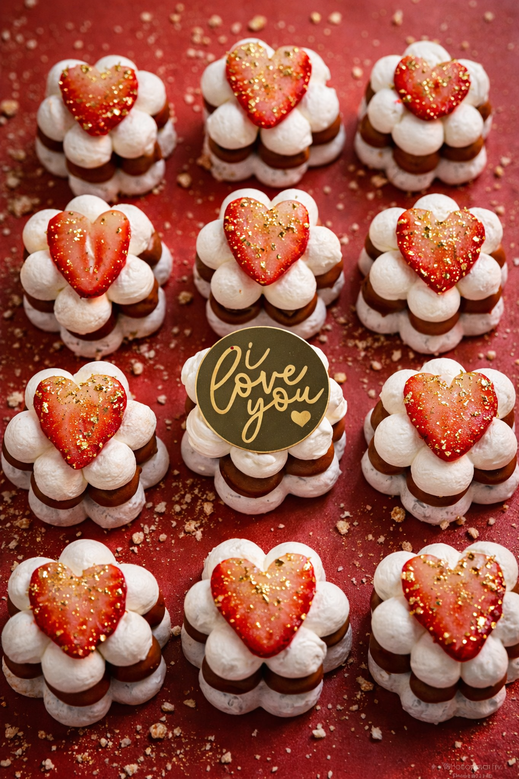 Twelve bite size Golden Pavlovas made with gluten free meringue, dulce de leche or Nutella, whipped cream, strawberries and signature golden flakes.