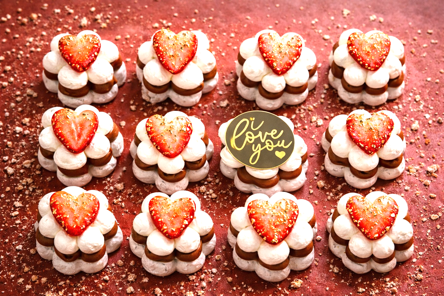 Twelve bite size Golden Pavlovas made with gluten free meringue, dulce de leche or Nutella, whipped cream, strawberries and signature golden flakes.