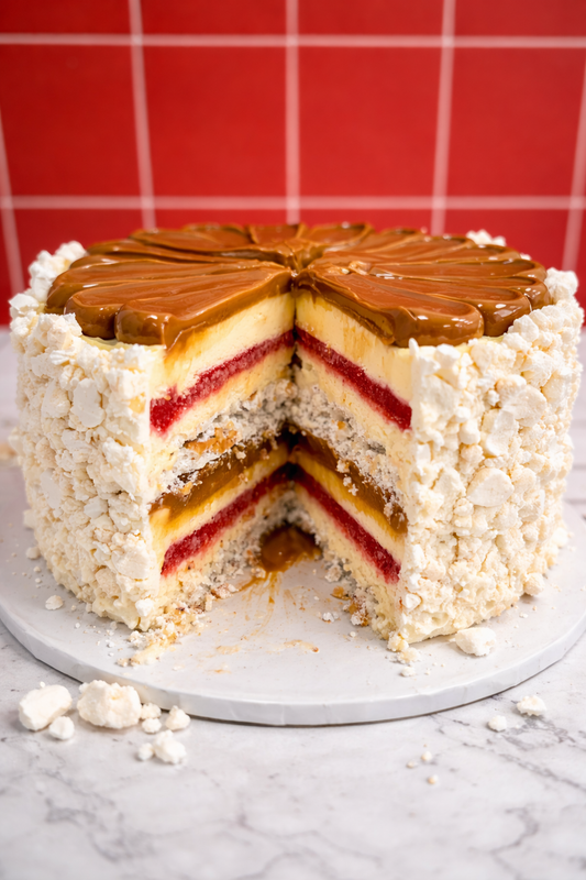 Gluten free artisanal ice cream cake layered with crunchy meringue, dulce de leche and strawberry, sliced to show layers, available for pickup only