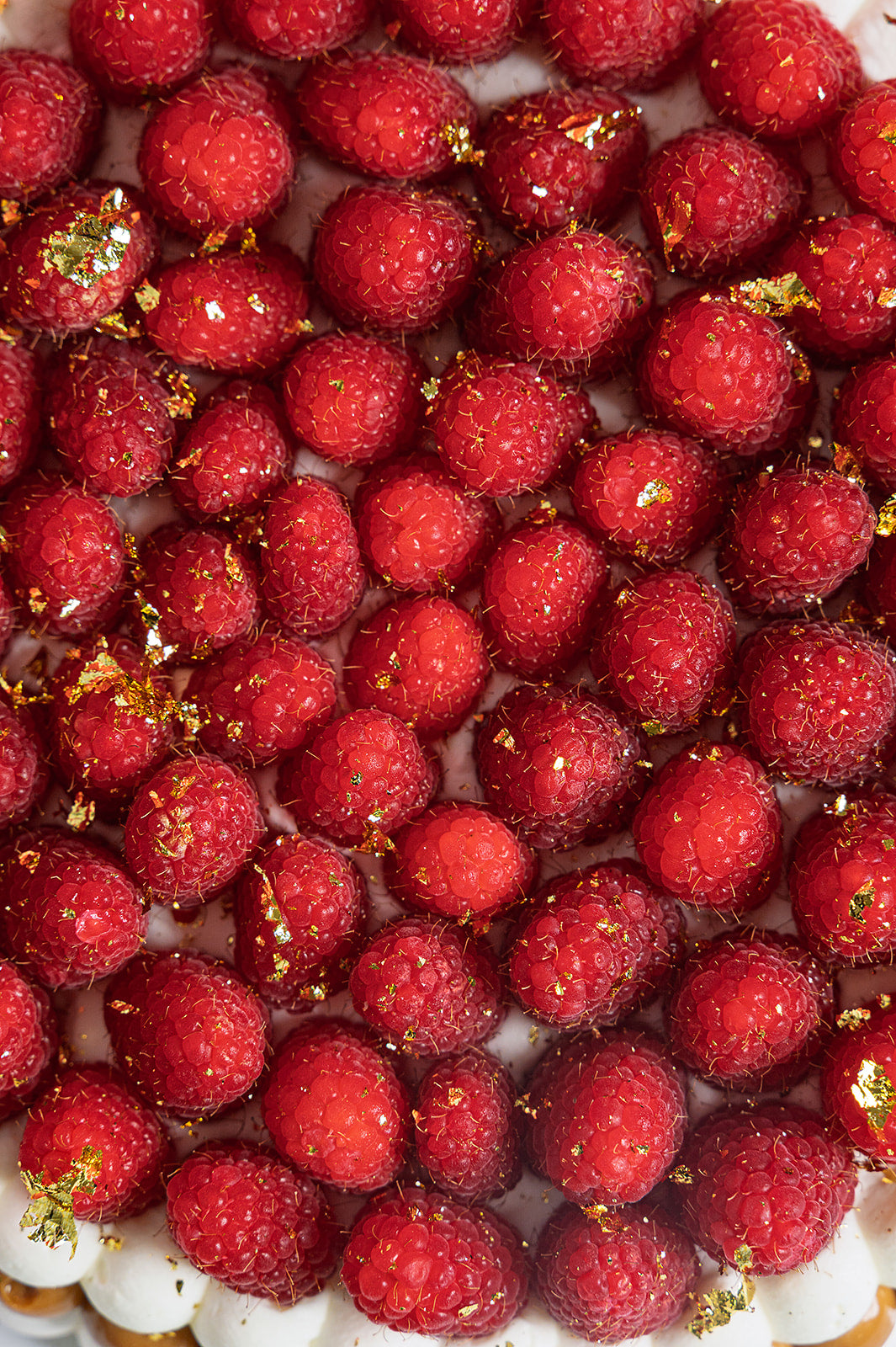 Close-up of fresh raspberries with edible golden flakes on a pavlova cake by The Golden Pavlova in Miami
